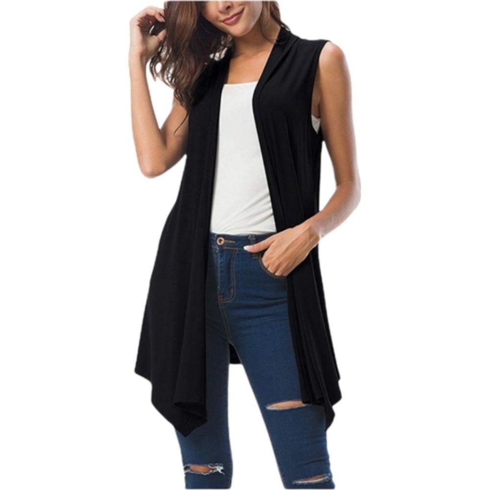 Women's Sleeveless Long Draped Open Front Cardigan Vest Cover-up | Size large